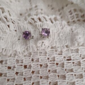 Sterling Silver Purple Gem Stud Earrings - Elegant Amethyst Color